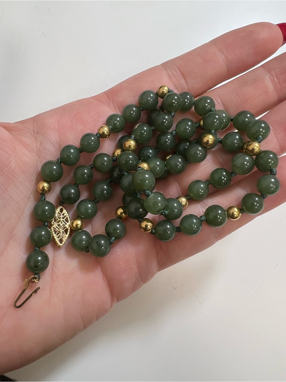 Handcrafted 14K Green Jade Beaded Necklace with Gold Accents